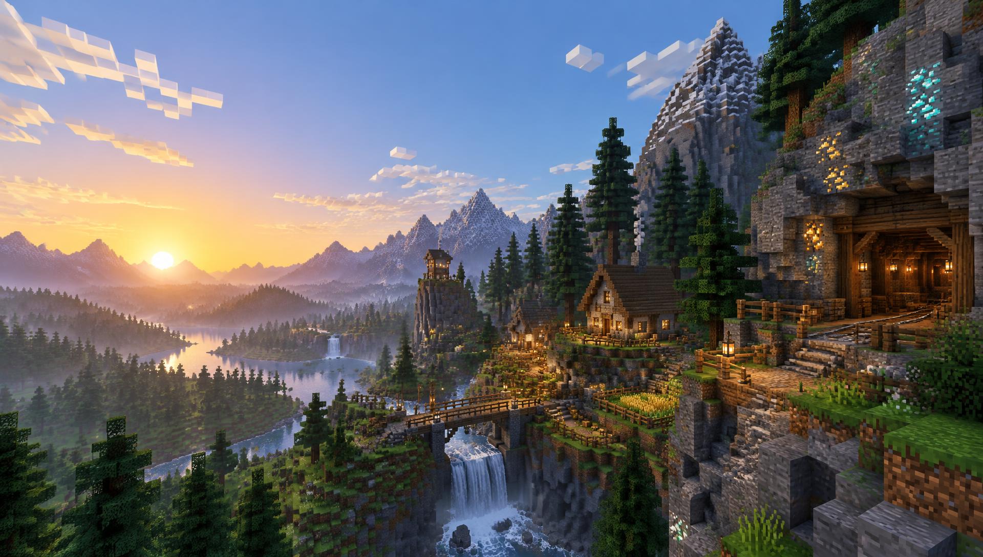 Block-built mountain settlement beside a glowing mine at sunrise